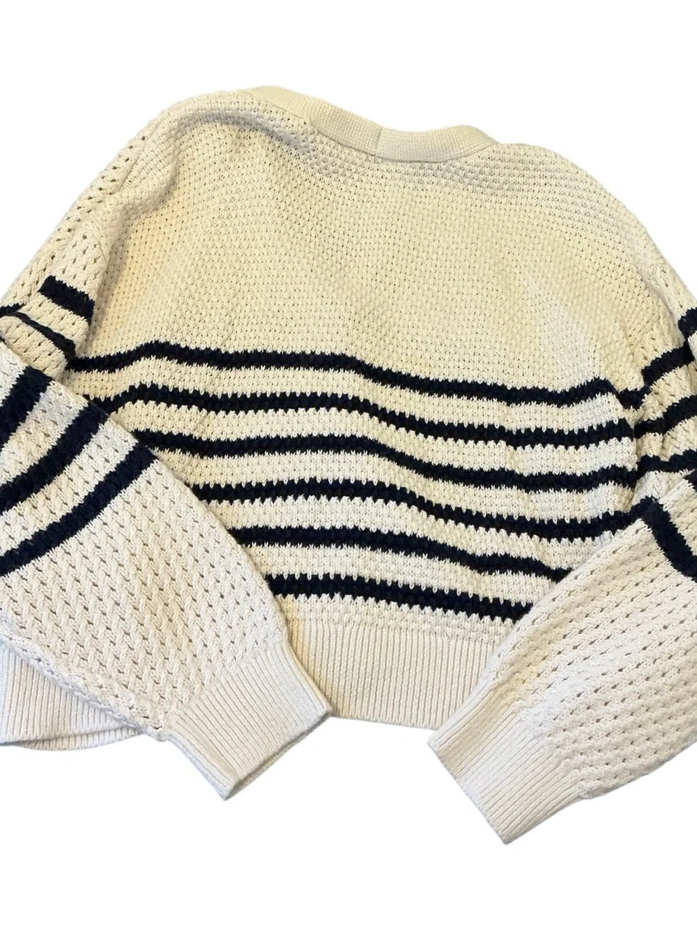 GAP Cream and Black Striped Open-Knit Button Cardigan
